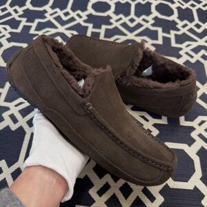 UGG Dusted Fur Wool Suede Cocoa Brown Ascot Moccasin Slippers 10